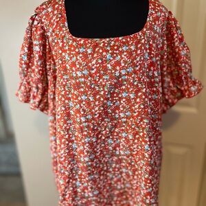 SHEIN Red Floral Blouse with Puff Sleeves